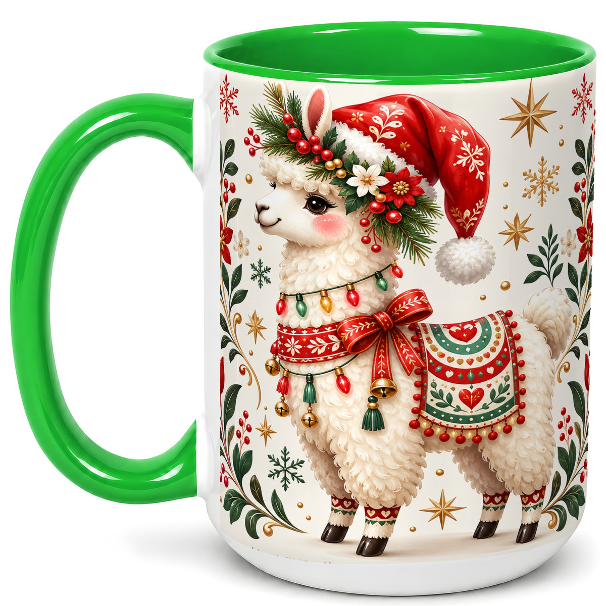 #pl[15oz|Green] Christmas Llama Coffee Mug, Festive Farm Animal Mug, Ceramic Cup
