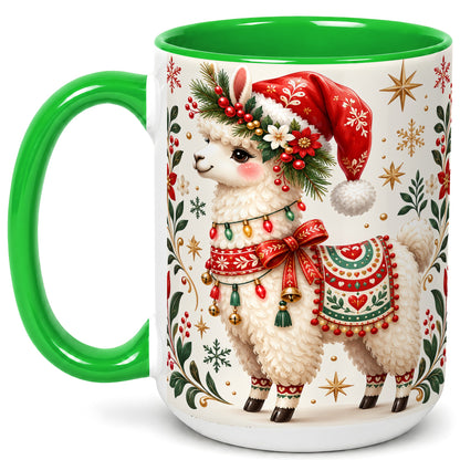 #pl[15oz|Green] Christmas Llama Coffee Mug, Festive Farm Animal Mug, Ceramic Cup