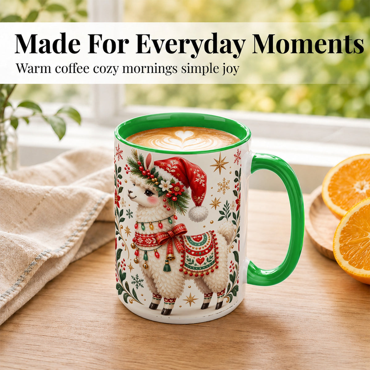 #pl[15oz|Green] Christmas Llama Coffee Mug, Festive Farm Animal Mug, Ceramic Cup