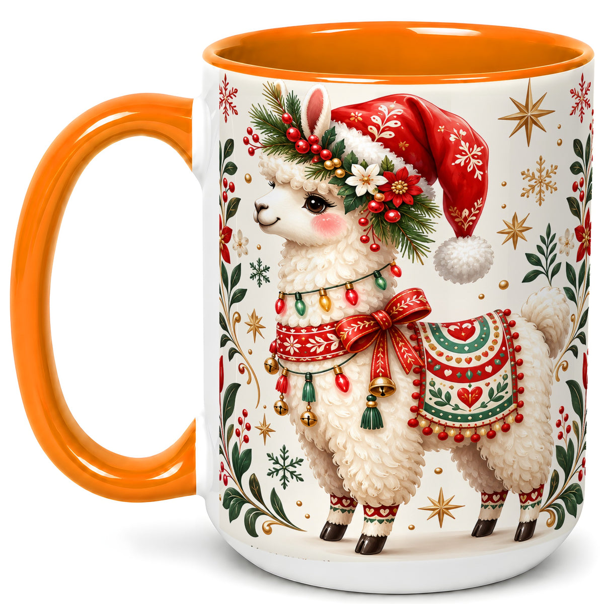 #pl[15oz|Orange] Christmas Llama Coffee Mug, Festive Farm Animal Mug, Ceramic Cup