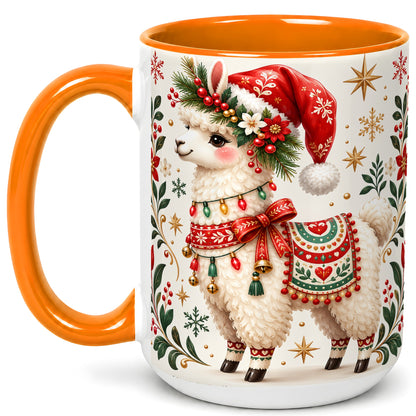#pl[15oz|Orange] Christmas Llama Coffee Mug, Festive Farm Animal Mug, Ceramic Cup
