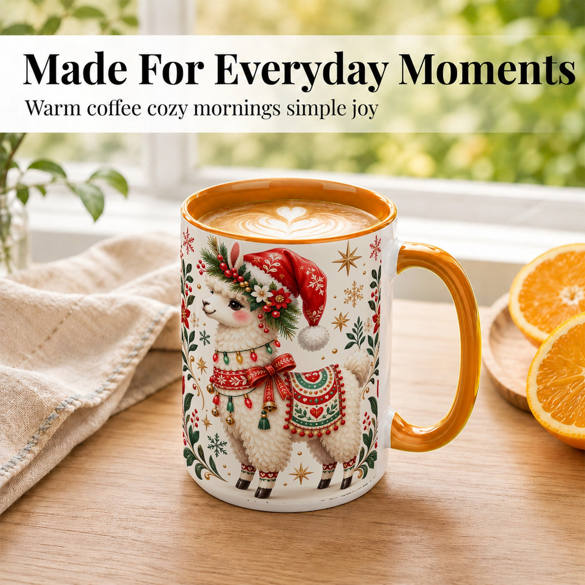 #pl[15oz|Orange] Christmas Llama Coffee Mug, Festive Farm Animal Mug, Ceramic Cup