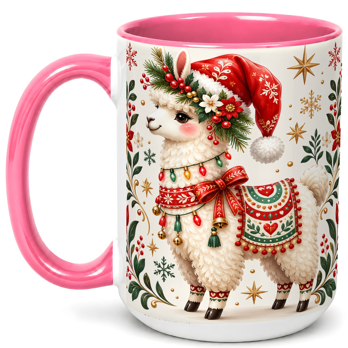 #pl[15oz|Pink] Christmas Llama Coffee Mug, Festive Farm Animal Mug, Ceramic Cup