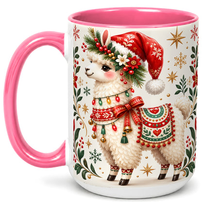#pl[15oz|Pink] Christmas Llama Coffee Mug, Festive Farm Animal Mug, Ceramic Cup
