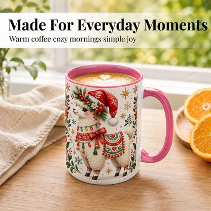 #pl[15oz|Pink] Christmas Llama Coffee Mug, Festive Farm Animal Mug, Ceramic Cup