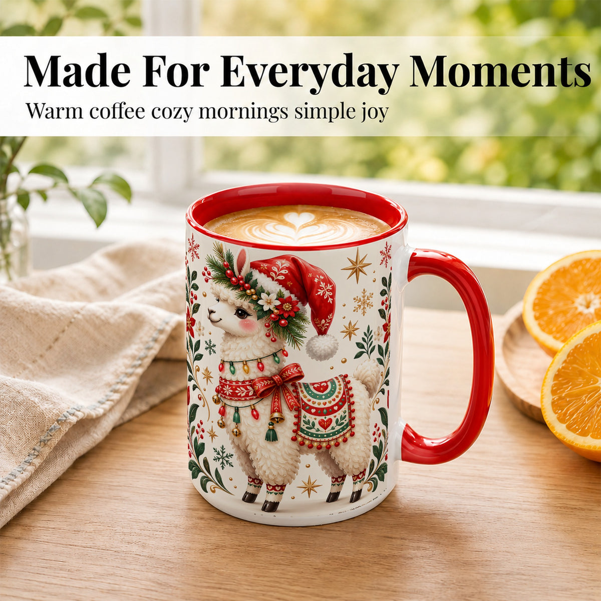 #pl[15oz|Red] Christmas Llama Coffee Mug, Festive Farm Animal Mug, Ceramic Cup