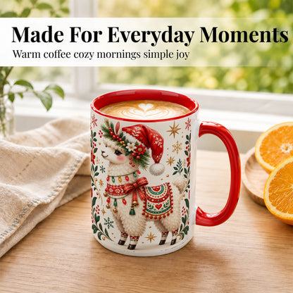 #pl[15oz|Red] Christmas Llama Coffee Mug, Festive Farm Animal Mug, Ceramic Cup