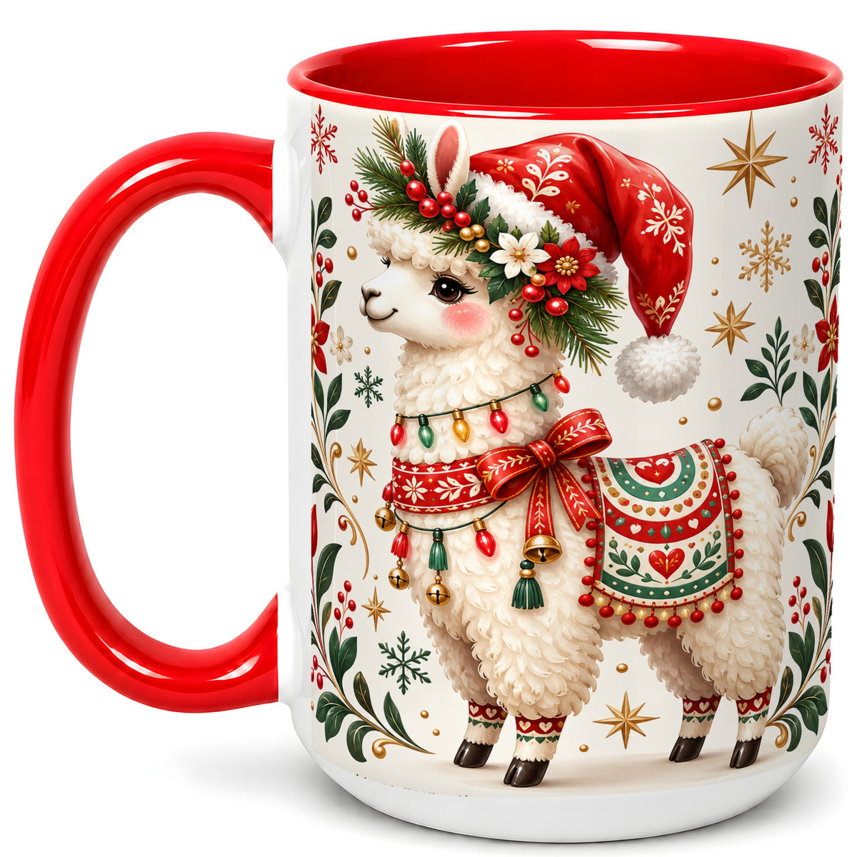 #pl[15oz|Red] Christmas Llama Coffee Mug, Festive Farm Animal Mug, Ceramic Cup