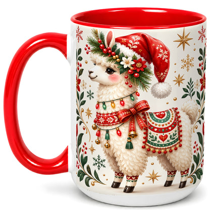 #pl[15oz|Red] Christmas Llama Coffee Mug, Festive Farm Animal Mug, Ceramic Cup