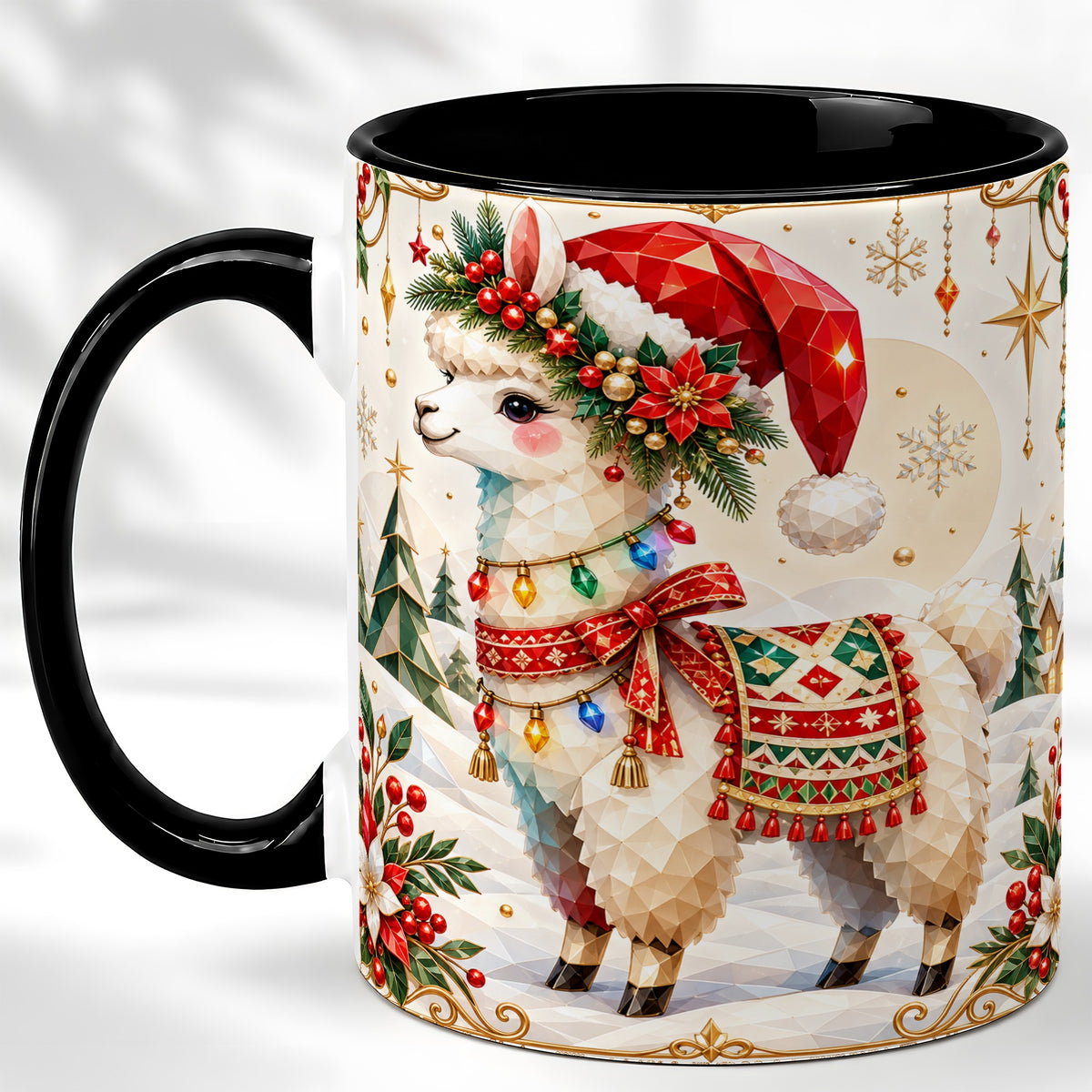 #pl[11oz|Black] Christmas Llama Coffee Mug, Santa Alpaca Mug, Ceramic Cup