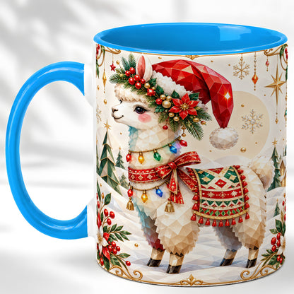 #pl[11oz|Blue] Christmas Llama Coffee Mug, Santa Alpaca Mug, Ceramic Cup