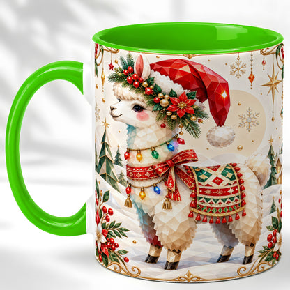 #pl[11oz|Green] Christmas Llama Coffee Mug, Santa Alpaca Mug, Ceramic Cup