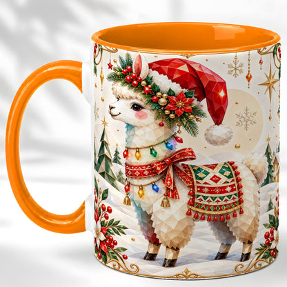 #pl[11oz|Orange] Christmas Llama Coffee Mug, Santa Alpaca Mug, Ceramic Cup