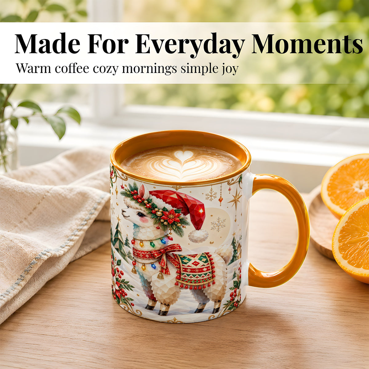 #pl[11oz|Orange] Christmas Llama Coffee Mug, Santa Alpaca Mug, Ceramic Cup