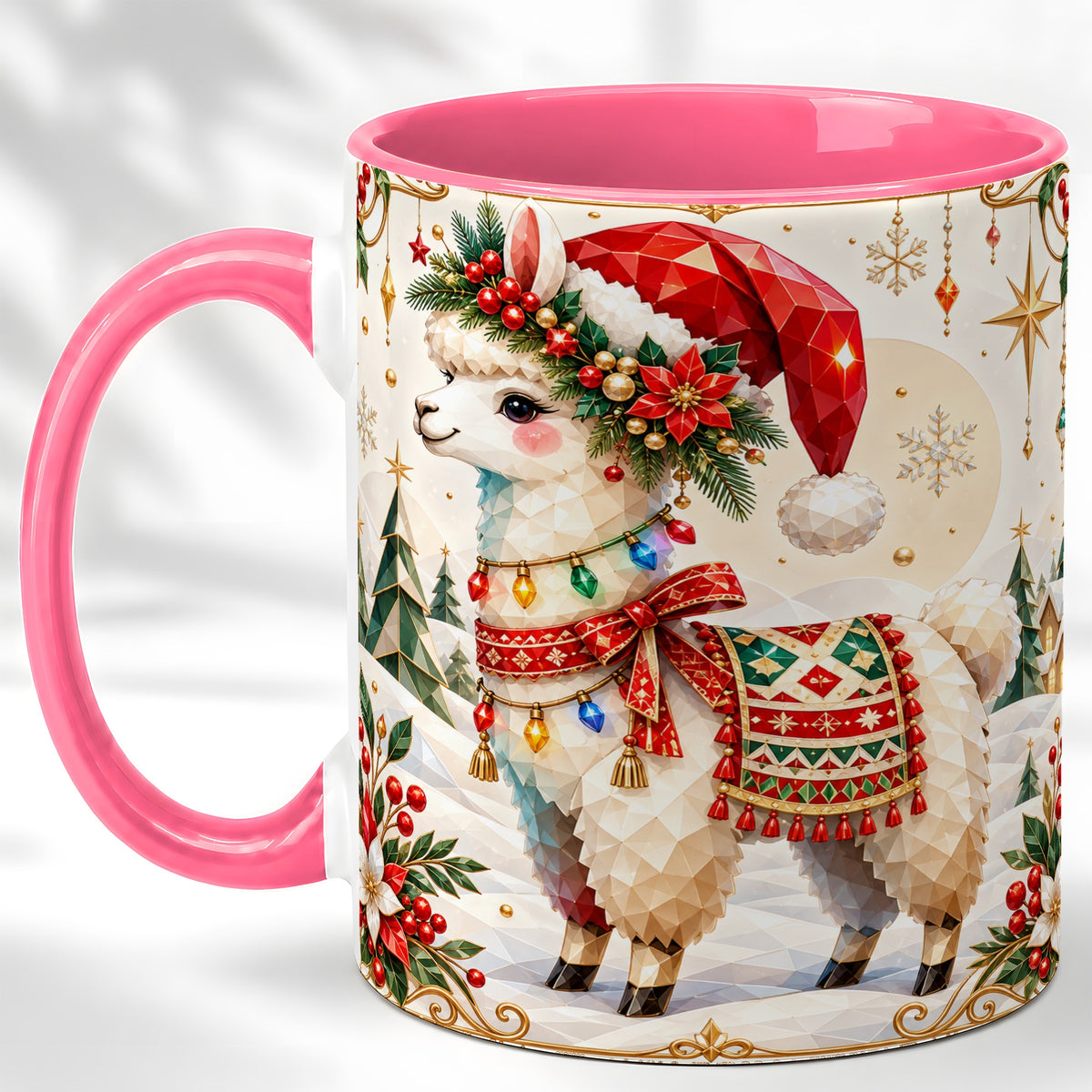 #pl[11oz|Pink] Christmas Llama Coffee Mug, Santa Alpaca Mug, Ceramic Cup