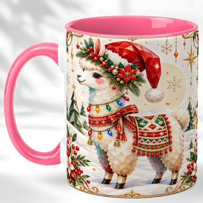 #pl[11oz|Pink] Christmas Llama Coffee Mug, Santa Alpaca Mug, Ceramic Cup