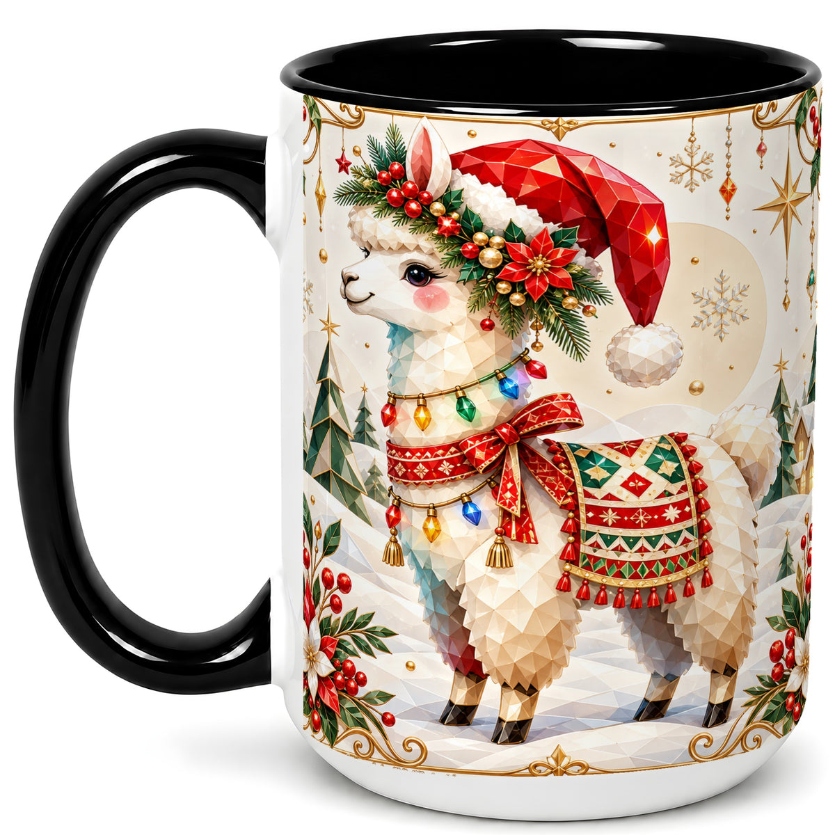 #pl[15oz|Black] Christmas Llama Coffee Mug, Santa Alpaca Mug, Ceramic Cup