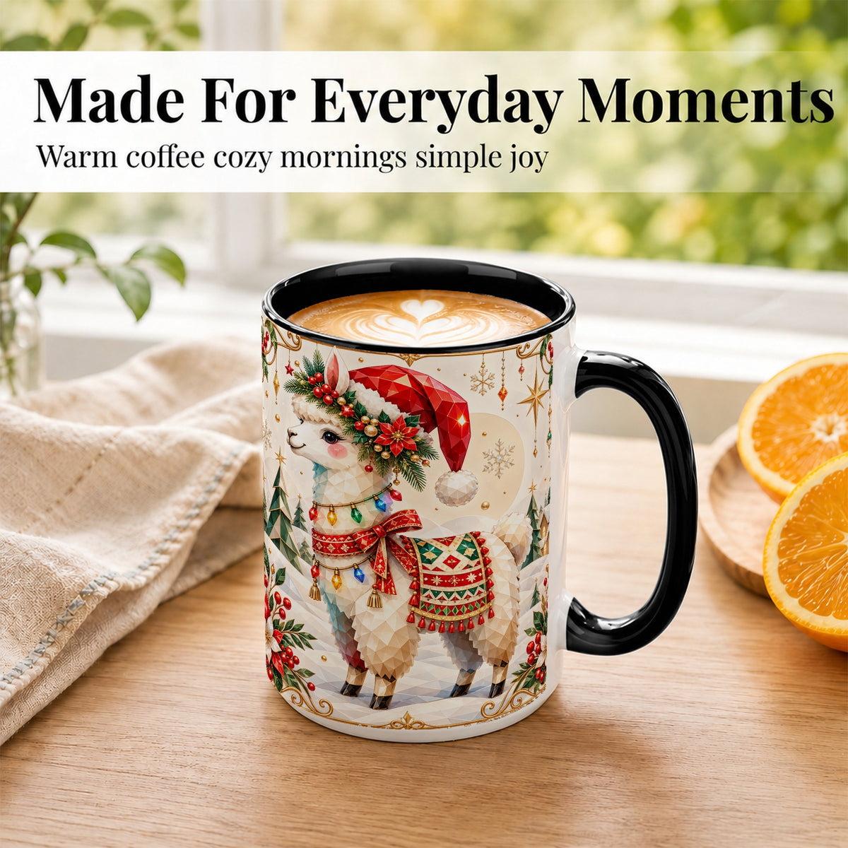 #pl[15oz|Black] Christmas Llama Coffee Mug, Santa Alpaca Mug, Ceramic Cup