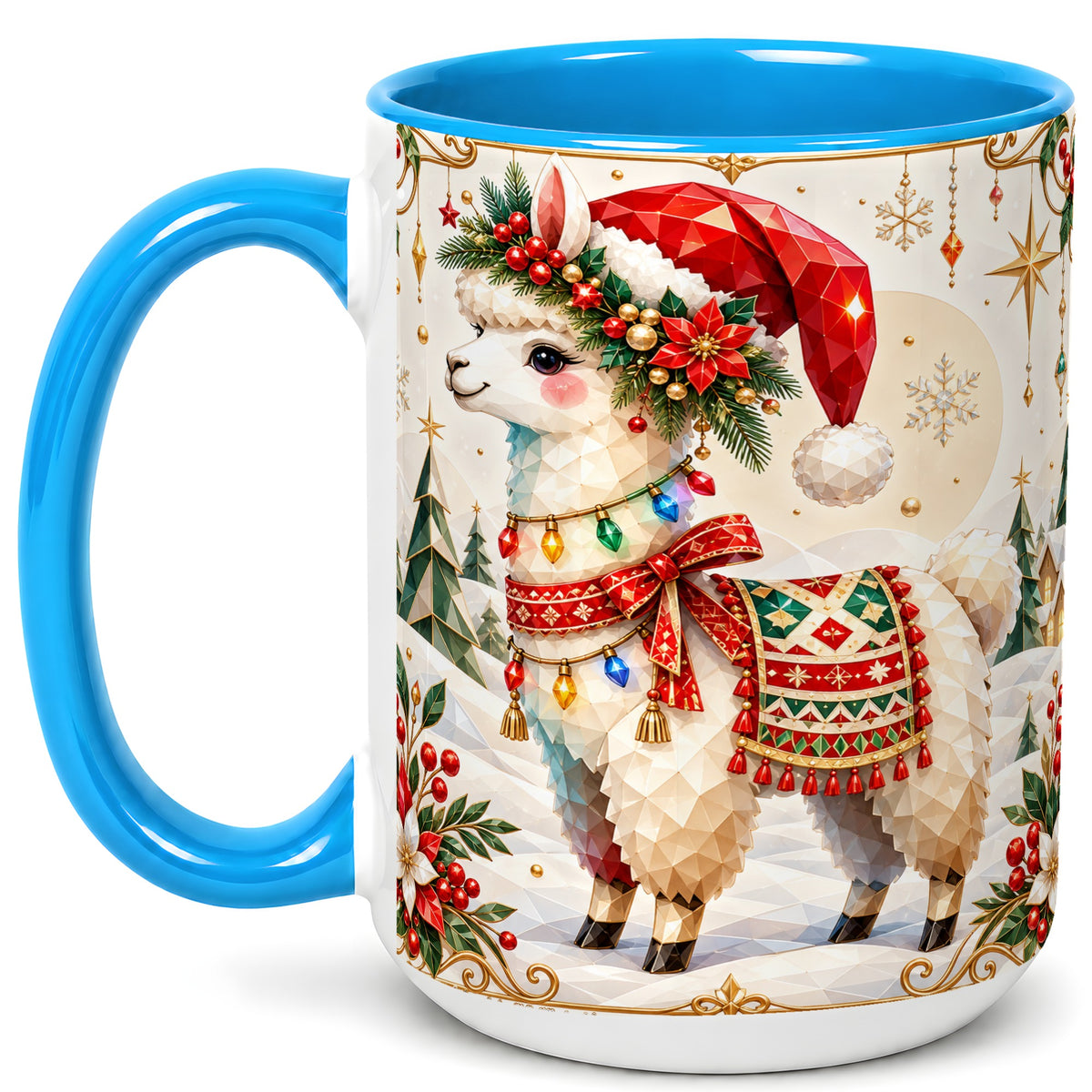 #pl[15oz|Blue] Christmas Llama Coffee Mug, Santa Alpaca Mug, Ceramic Cup
