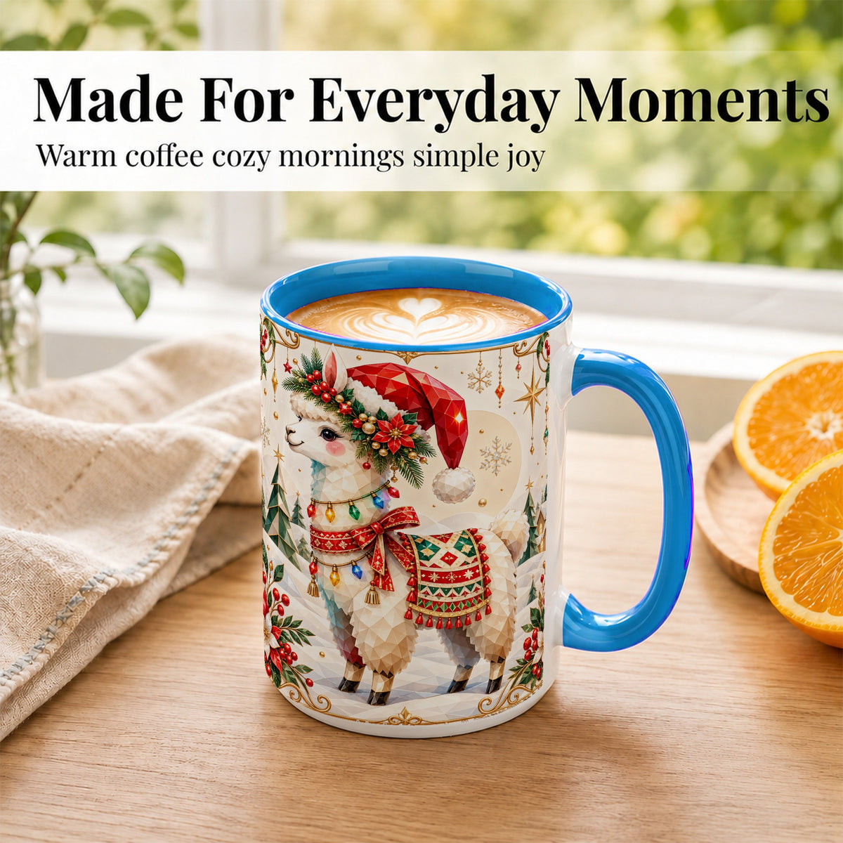 #pl[15oz|Blue] Christmas Llama Coffee Mug, Santa Alpaca Mug, Ceramic Cup