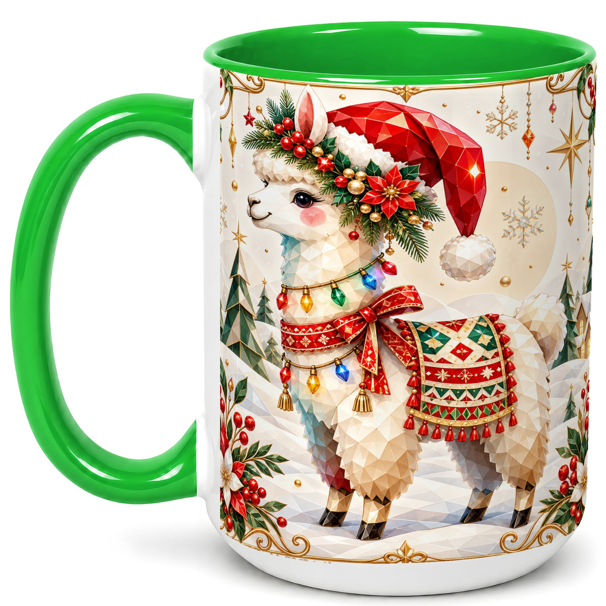 #pl[15oz|Green] Christmas Llama Coffee Mug, Santa Alpaca Mug, Ceramic Cup