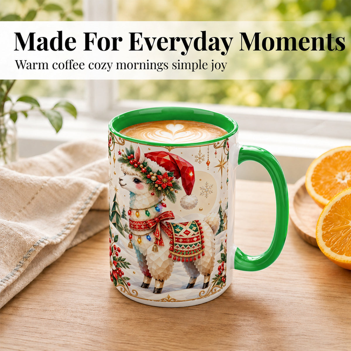 #pl[15oz|Green] Christmas Llama Coffee Mug, Santa Alpaca Mug, Ceramic Cup