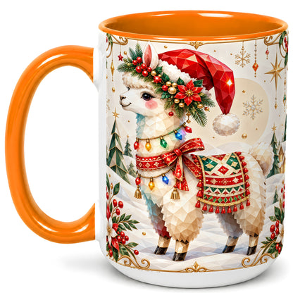#pl[15oz|Orange] Christmas Llama Coffee Mug, Santa Alpaca Mug, Ceramic Cup