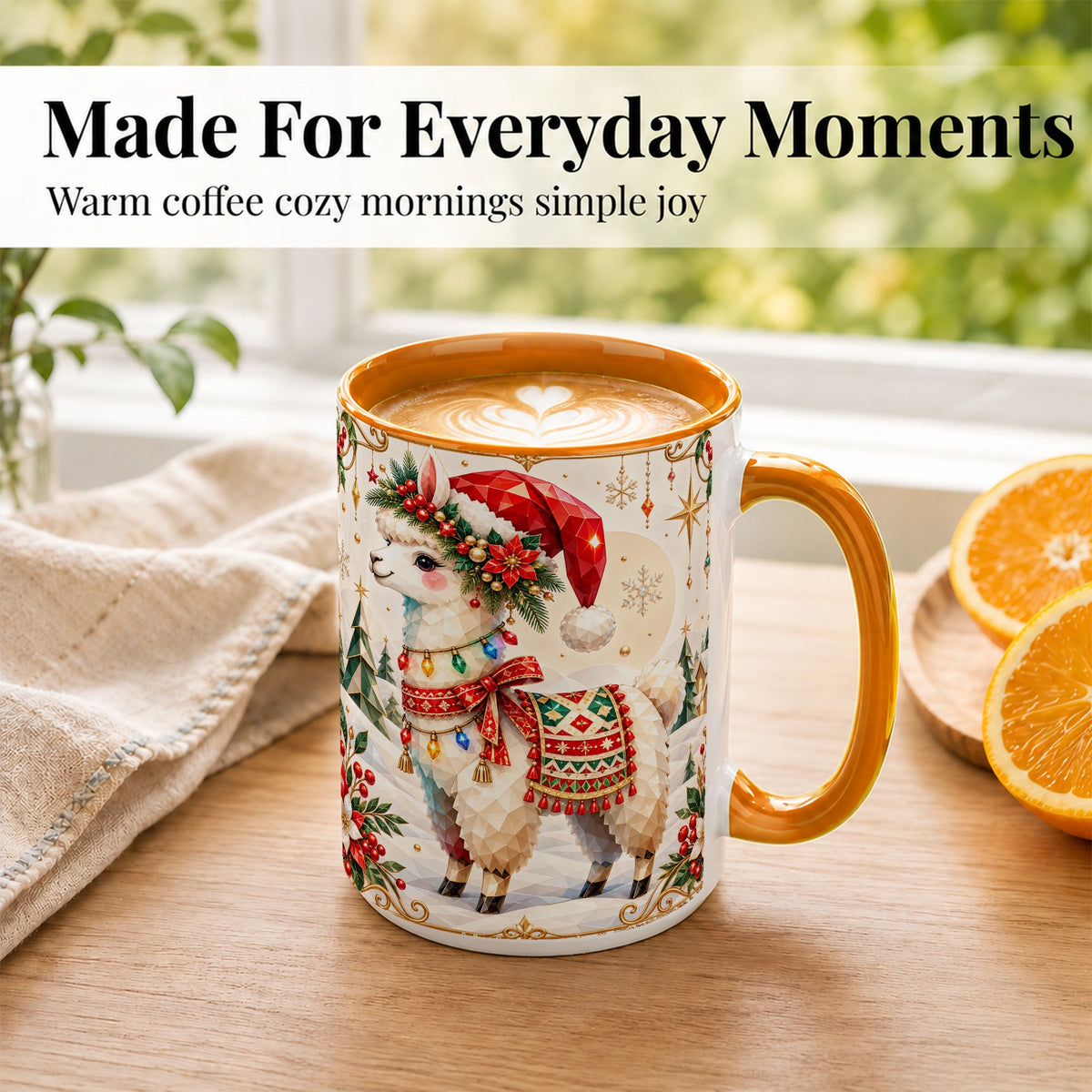 #pl[15oz|Orange] Christmas Llama Coffee Mug, Santa Alpaca Mug, Ceramic Cup
