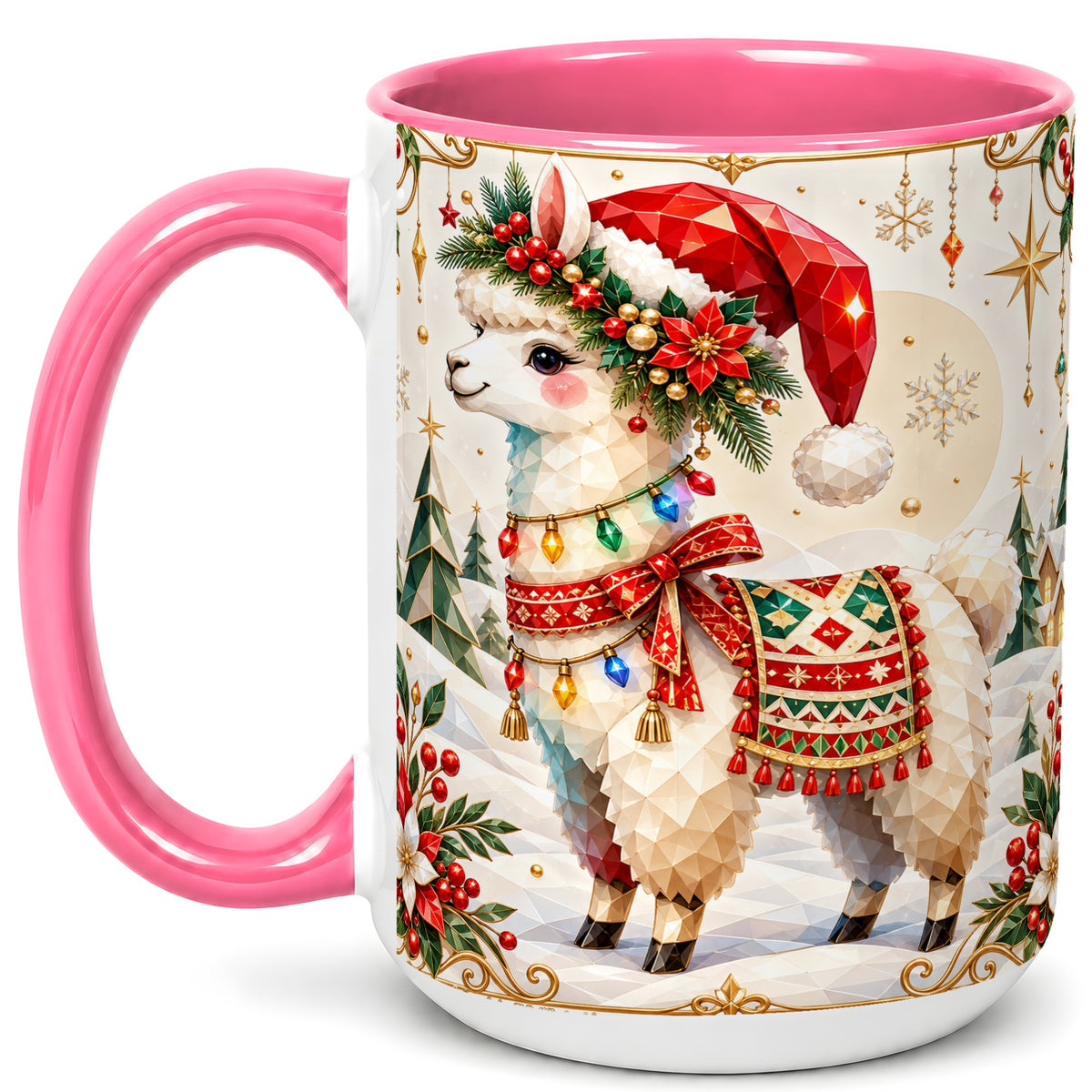 #pl[15oz|Pink] Christmas Llama Coffee Mug, Santa Alpaca Mug, Ceramic Cup