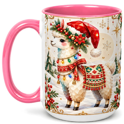 #pl[15oz|Pink] Christmas Llama Coffee Mug, Santa Alpaca Mug, Ceramic Cup