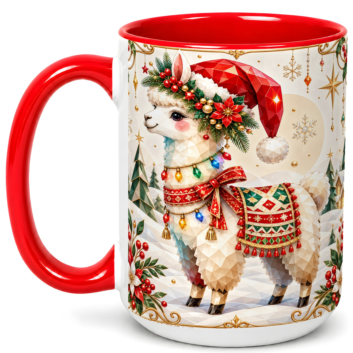 #pl[15oz|Red] Christmas Llama Coffee Mug, Santa Alpaca Mug, Ceramic Cup