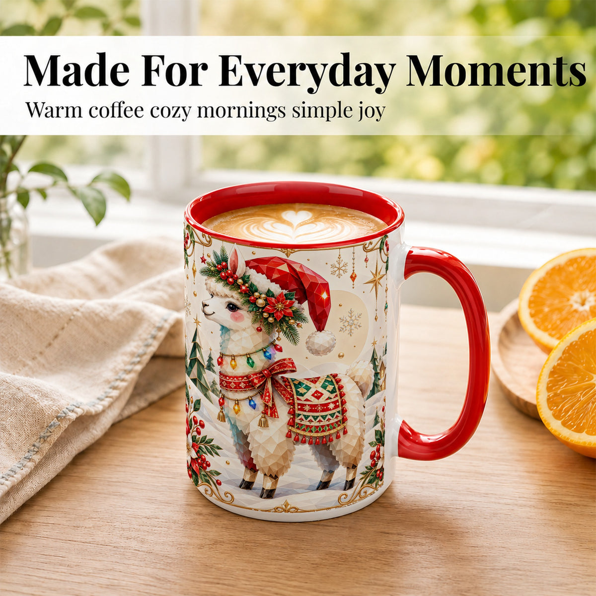 #pl[15oz|Red] Christmas Llama Coffee Mug, Santa Alpaca Mug, Ceramic Cup