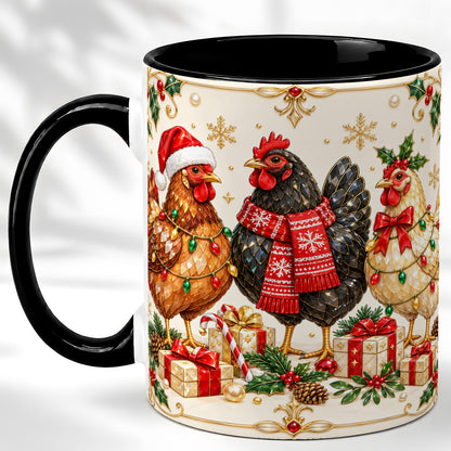 #pl[11oz|Black] Christmas Chickens Coffee Mug, Holiday Hens Mug, Ceramic Cup