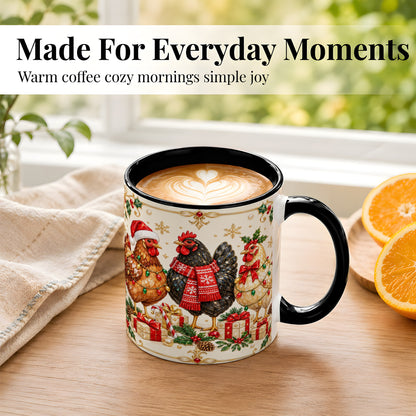 #pl[11oz|Black] Christmas Chickens Coffee Mug, Holiday Hens Mug, Ceramic Cup
