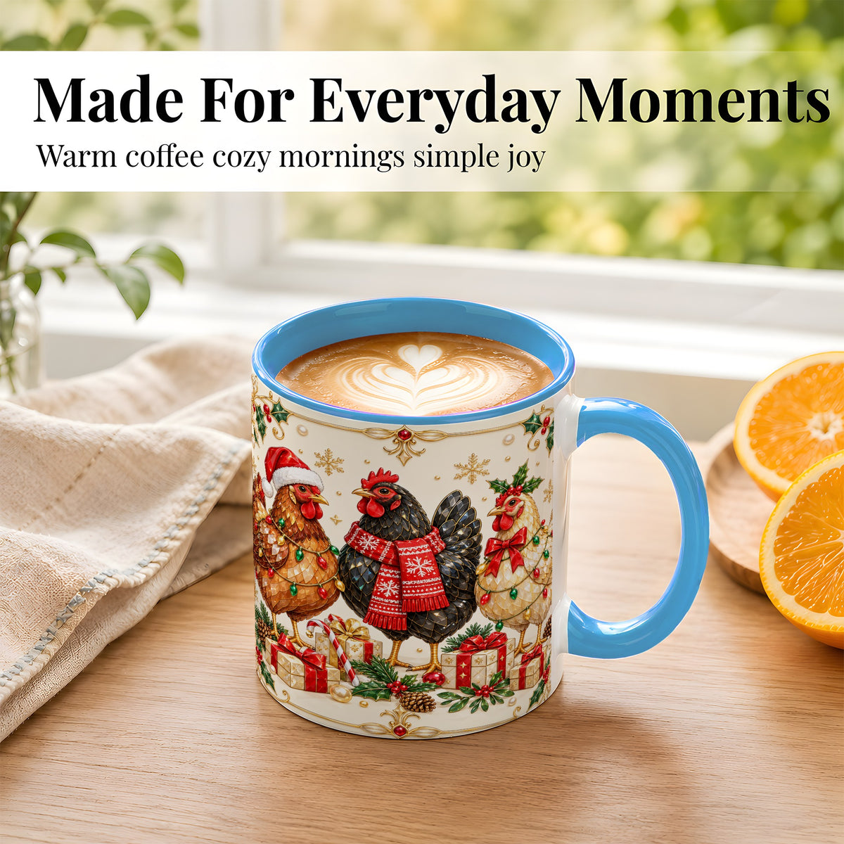 #pl[11oz|Blue] Christmas Chickens Coffee Mug, Holiday Hens Mug, Ceramic Cup