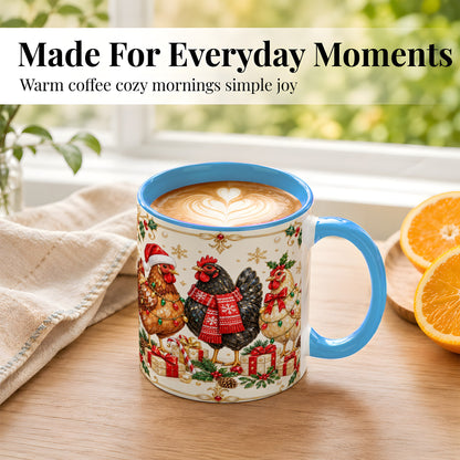 #pl[11oz|Blue] Christmas Chickens Coffee Mug, Holiday Hens Mug, Ceramic Cup