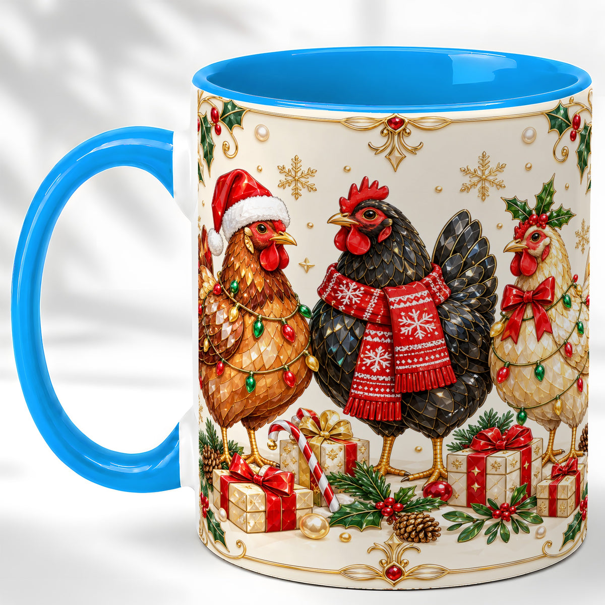 #pl[11oz|Blue] Christmas Chickens Coffee Mug, Holiday Hens Mug, Ceramic Cup