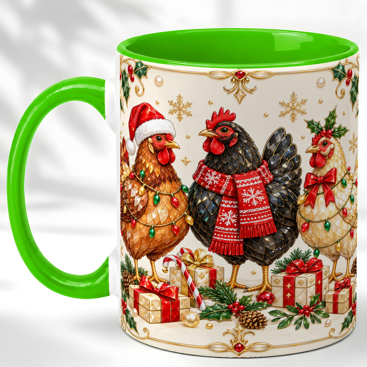 #pl[11oz|Green] Christmas Chickens Coffee Mug, Holiday Hens Mug, Ceramic Cup
