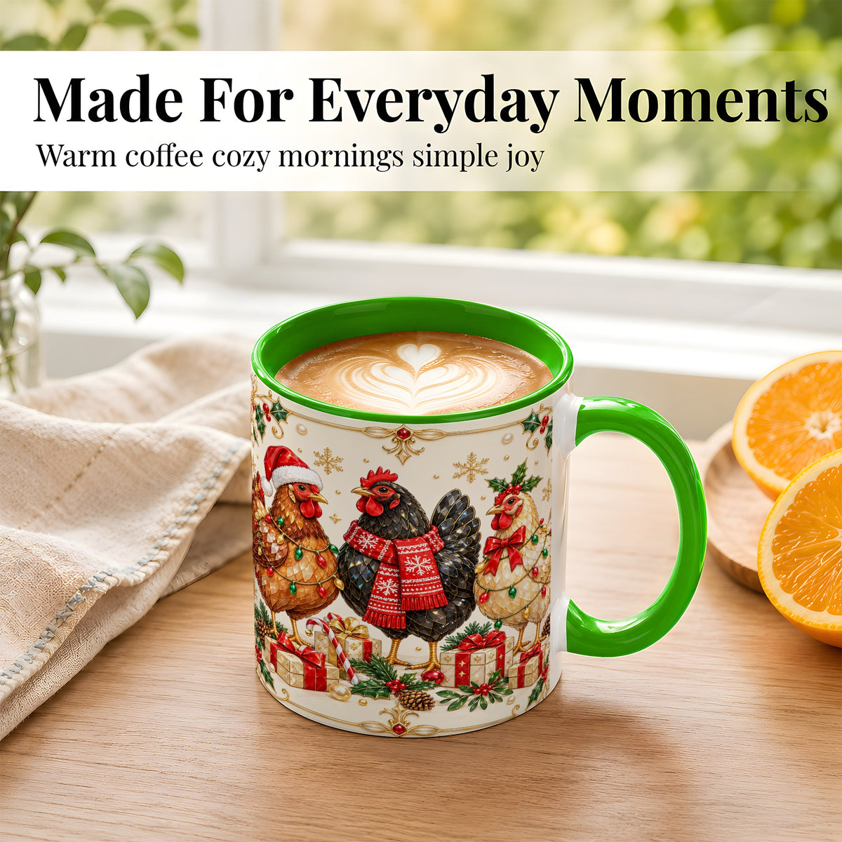 #pl[11oz|Green] Christmas Chickens Coffee Mug, Holiday Hens Mug, Ceramic Cup