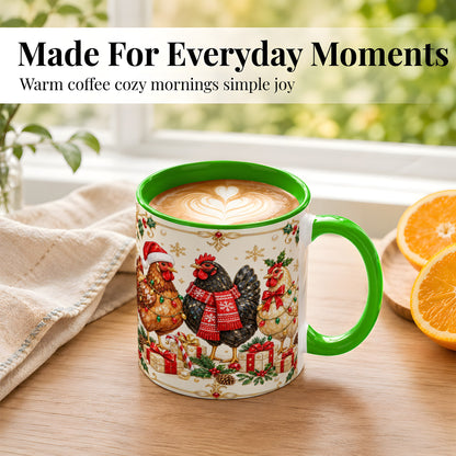 #pl[11oz|Green] Christmas Chickens Coffee Mug, Holiday Hens Mug, Ceramic Cup