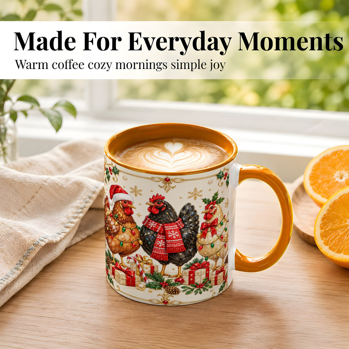 #pl[11oz|Orange] Christmas Chickens Coffee Mug, Holiday Hens Mug, Ceramic Cup