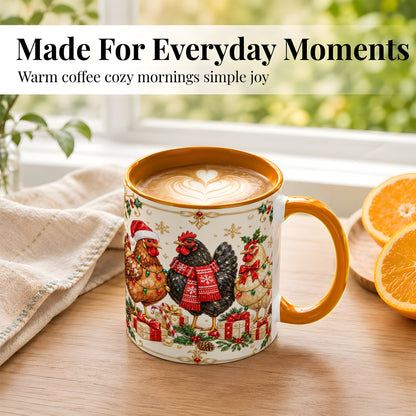 #pl[11oz|Orange] Christmas Chickens Coffee Mug, Holiday Hens Mug, Ceramic Cup
