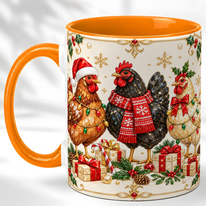 #pl[11oz|Orange] Christmas Chickens Coffee Mug, Holiday Hens Mug, Ceramic Cup
