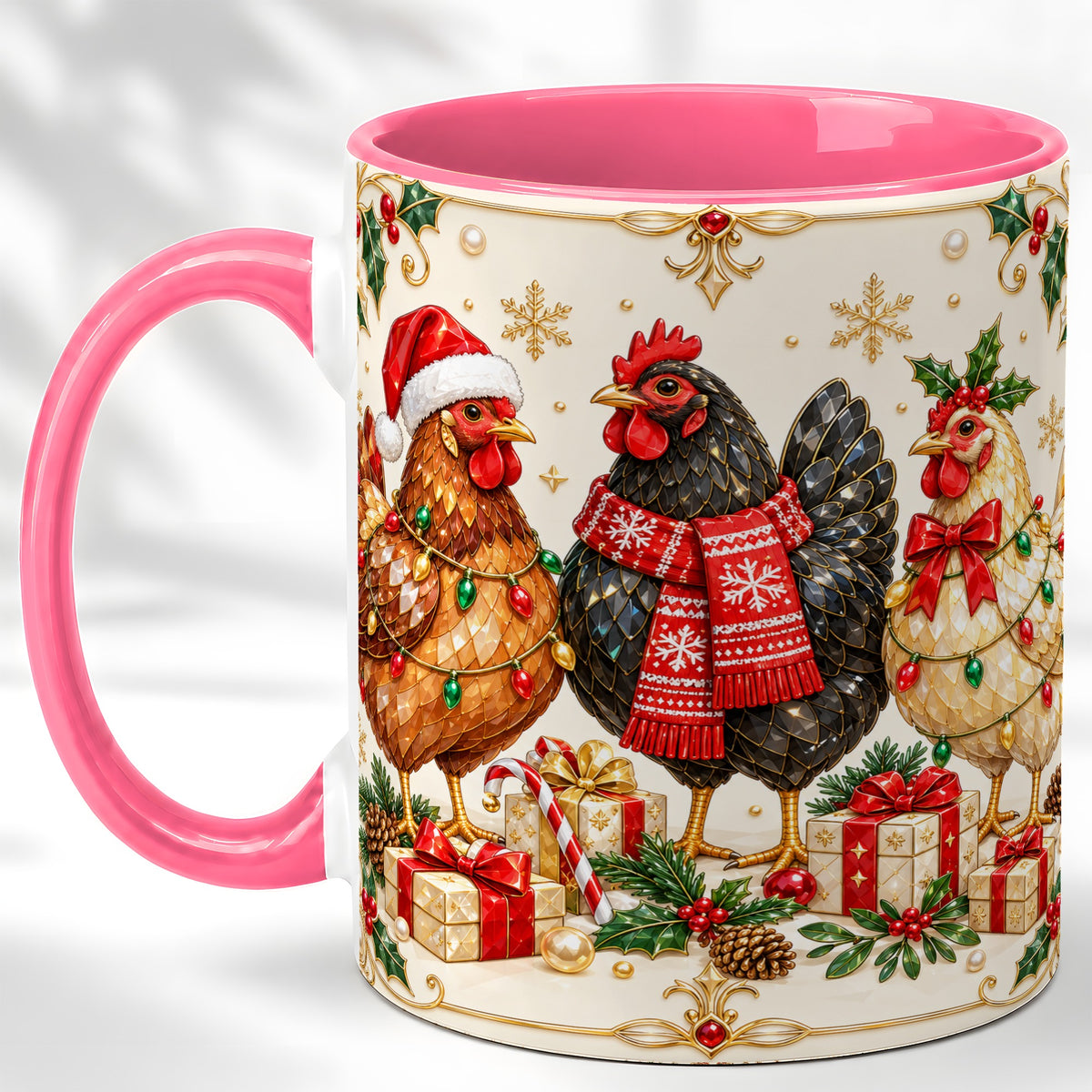 #pl[11oz|Pink] Christmas Chickens Coffee Mug, Holiday Hens Mug, Ceramic Cup