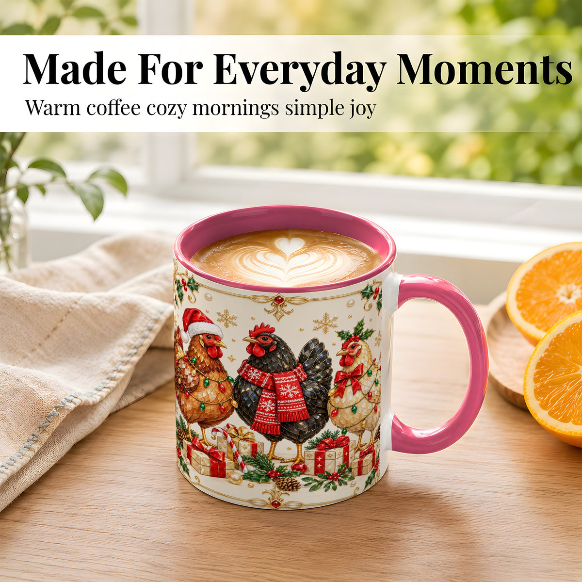 #pl[11oz|Pink] Christmas Chickens Coffee Mug, Holiday Hens Mug, Ceramic Cup