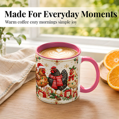 #pl[11oz|Pink] Christmas Chickens Coffee Mug, Holiday Hens Mug, Ceramic Cup