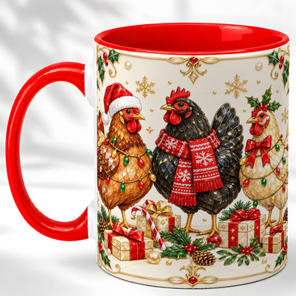 Christmas Chickens Coffee Mug, Holiday Hens Mug, Ceramic Cup