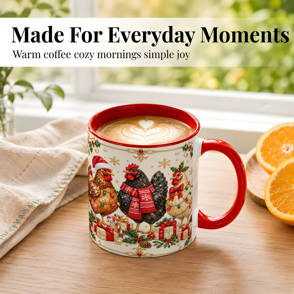 #pl[11oz|Red] Christmas Chickens Coffee Mug, Holiday Hens Mug, Ceramic Cup