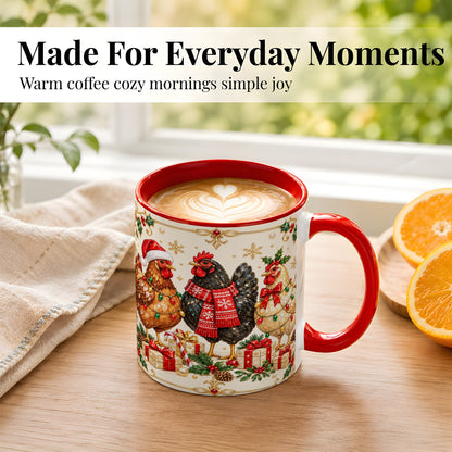 #pl[11oz|Red] Christmas Chickens Coffee Mug, Holiday Hens Mug, Ceramic Cup