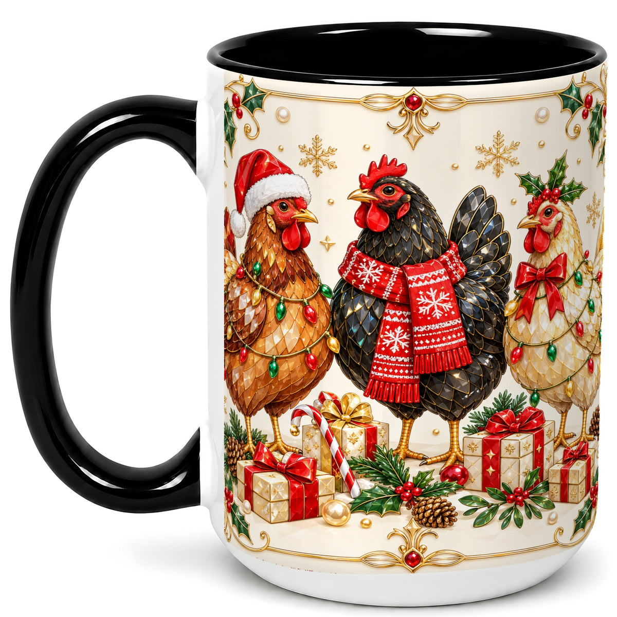 #pl[15oz|Black] Christmas Chickens Coffee Mug, Holiday Hens Mug, Ceramic Cup